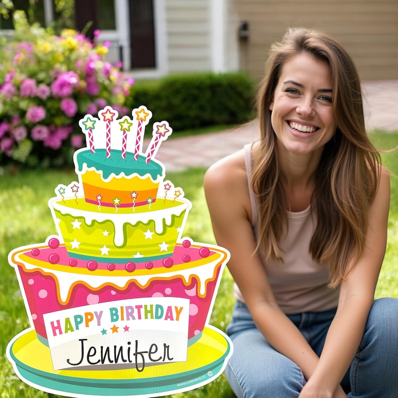 Happy Birthday Yard Sign Personalized Cake Sign Outdoor Birthday Decoration Idea Cake Lawn Art Birthday Banner Decor Custom Gift for Her Him Pink Cake(Name Only)