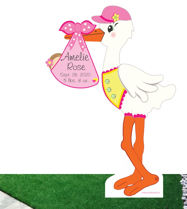 May include: A pink and white stork holding a pink and white baby bundle with a pink bow. The bundle has the text "Amelie Rose, Sept. 28, 2020, 5 lbs. 8 oz."