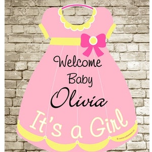 Welcome Baby Girl, Boy Sign, Hospital Door Hanger: Pink Dress Birth Arrival Announcement - Outdoor Decoration - Custom Shower Gift