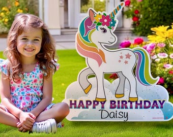 Personalized Unicorn Rainbow Birthday Yard Sign: Outdoor Party Decor with Metal Stakes, Magical Lawn Art, Custom Gift for Girls