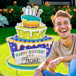 Happy Birthday Yard Sign Personalized Cake Sign Outdoor Birthday Decoration Idea Cake Lawn Art Birthday Banner Decor Custom Gift for Her Him Blue Cake(NameOnly)