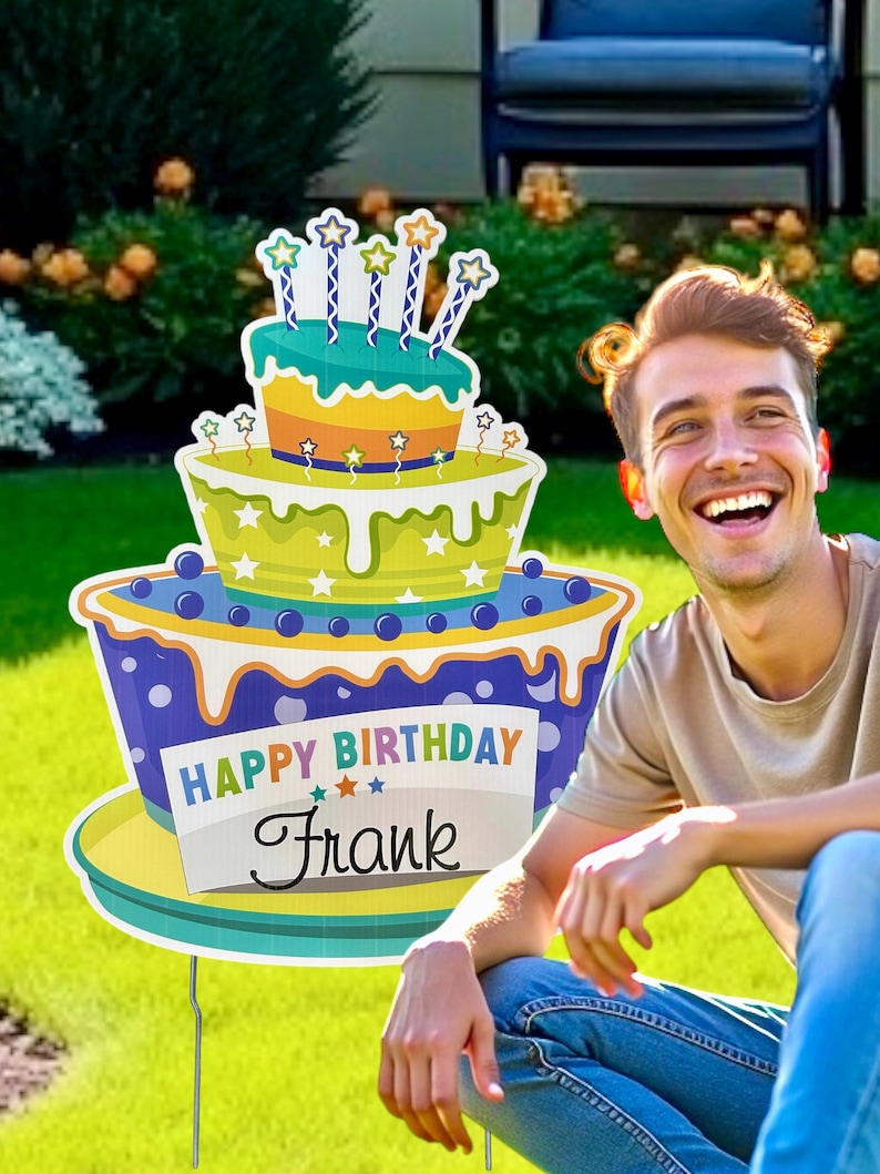 Happy Birthday Yard Sign Personalized Cake Sign Outdoor Birthday Decoration Idea Cake Lawn Art Birthday Banner Decor Custom Gift for Her Him Blue Cake(NameOnly)
