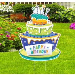 Happy Birthday Yard Sign Personalized Cake Sign Outdoor Birthday Decoration Idea Cake Lawn Art Birthday Banner Decor Custom Gift for Her Him Blue Cake