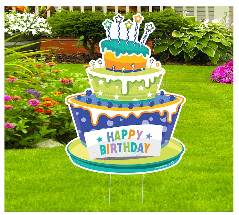 Happy Birthday Yard Sign Personalized Cake Sign Outdoor Birthday Decoration Idea Cake Lawn Art Birthday Banner Decor Custom Gift for Her Him Blue Cake
