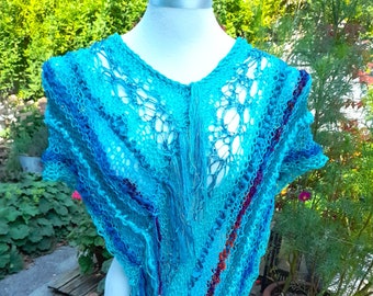 Turquoise.  Bohemian lightweight poncho hand knitted in Linen, organic textured cotton, silk/cotton yarn, sari silk yarn and ribbon