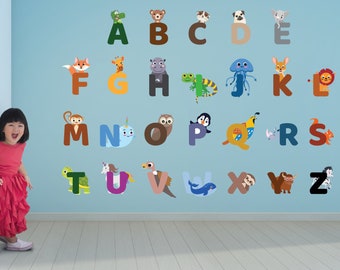 Wall Animal Alphabet Sticker Kids Educational Colorful Wall ABC Decal Animals Fun 26 Letter Characters Play room Nursery Kid room Home Decor