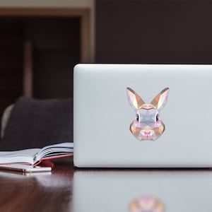 Könnte beinhalten: Ein weißer Laptop mit einem bunten geometrischen Hasenaufkleber auf dem Deckel. Der Laptop steht auf einem Holztisch mit einem Notizbuch und einem Handy daneben.