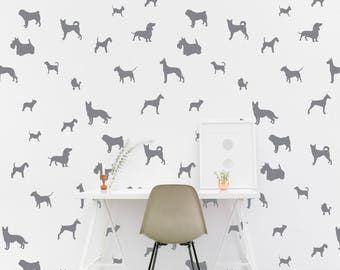 Dog wall Decal Pattern Dogs breeds Pug Bulldog Pit Poodle Wall Sticker Nursery Bedroom, Pattern Wallpaper Vinyl Decals Home Decor Stickers