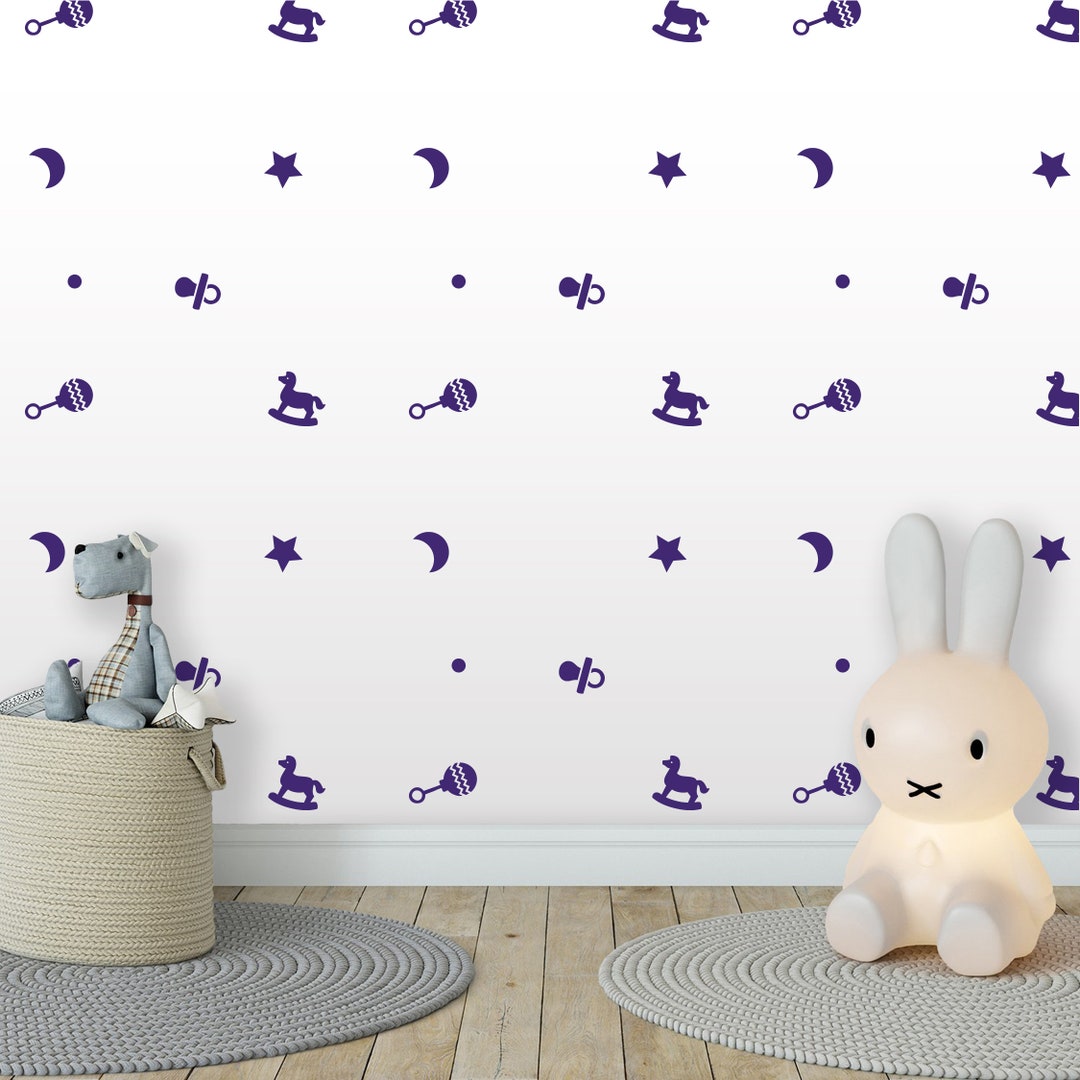 Baby Boy Decal Wall Pattern Newborn Rattle Pacifier Rocking Horse Toy ...