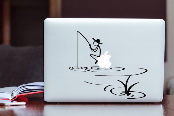Stickman Fishing on Glowing Apple MacBook Decal / Stick Figure