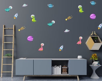 Space Dinosaur wall Pattern Decal Funny Kids room Alien Dino Sticker Nursery Bedroom Wallpaper Vinyl Color Decals Stickers Home Decor