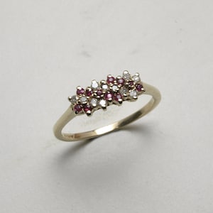 May include: A gold band ring with a cluster of red and white gemstones. The ring is set with a row of red gemstones and a row of white gemstones.