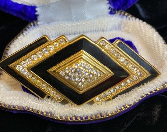 1980s Christian DIOR BLACK ENAMEL Rhinestone Brooch
