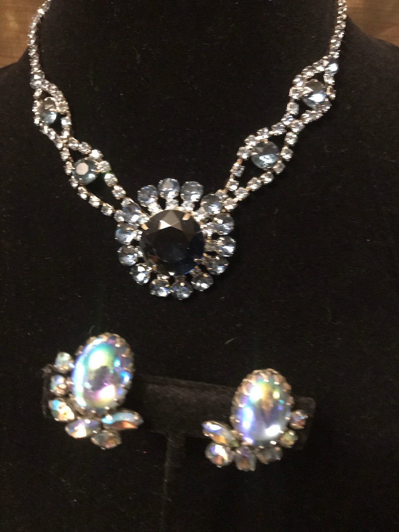 Stunning Sherman Earrings paired with Cobalt Blue Large Rhinestone Necklace Vintage Set