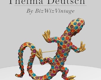 Large Vtg Thelma Deutsch Multicolored Rhinestone Lizard Brooch - Gold plate backing- Tropical and Unique Themed Pin