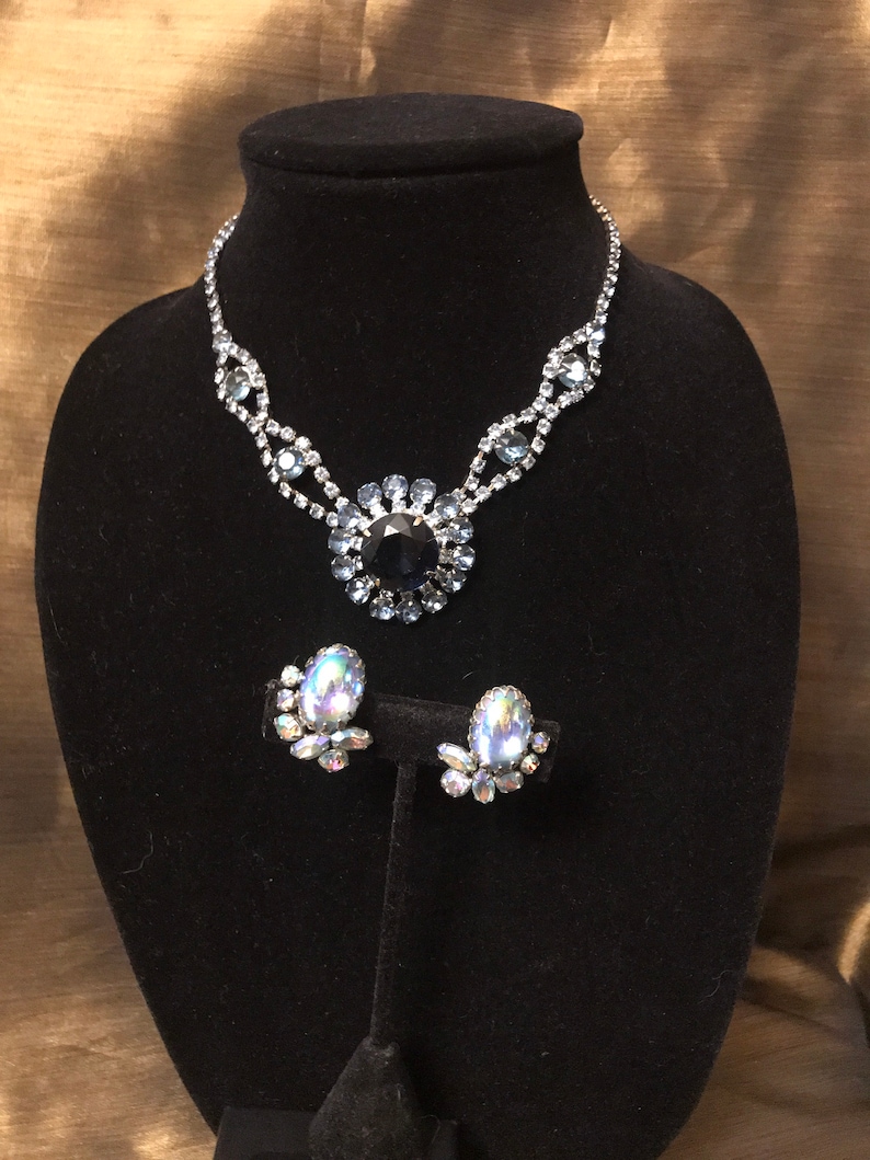 Stunning Sherman Earrings paired with Cobalt Blue Large Rhinestone Necklace Vintage Set