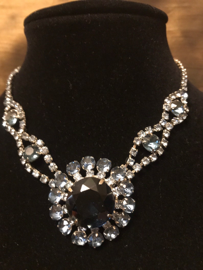 Stunning Sherman Earrings paired with Cobalt Blue Large Rhinestone Necklace Vintage Set