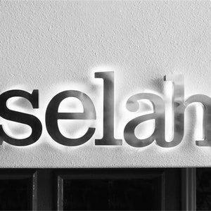 Letrero con letras retroiluminadas en blanco, letrero para negocios, caja de luz LED, acero inoxidable cepillado plateado retroiluminado, diseño 3D en relieve