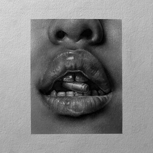 May include: Black and white pencil drawing of a person's lips and nose. The lips are glossy and open, revealing teeth and a silver capsule held between them. The image is a close-up, focusing on the details of the face.