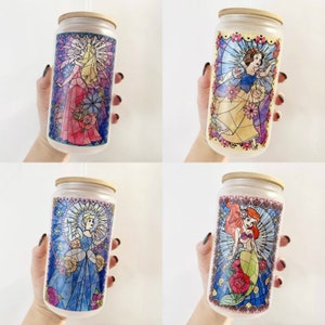 Stained Glass Princess Cup, Ariel, Cinderella, Snow White, Mulan, Elsa, Jasmine, Belle, Sleeping Beauty, Moana, Pocahontas, Tiana, Rapunzel