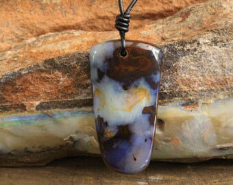 Extra Large Blue Boulder Opal Minimalist Necklace on Adjustable Leather Cord | Rare Precious Natural Australian Opal | One Only | Super Cool