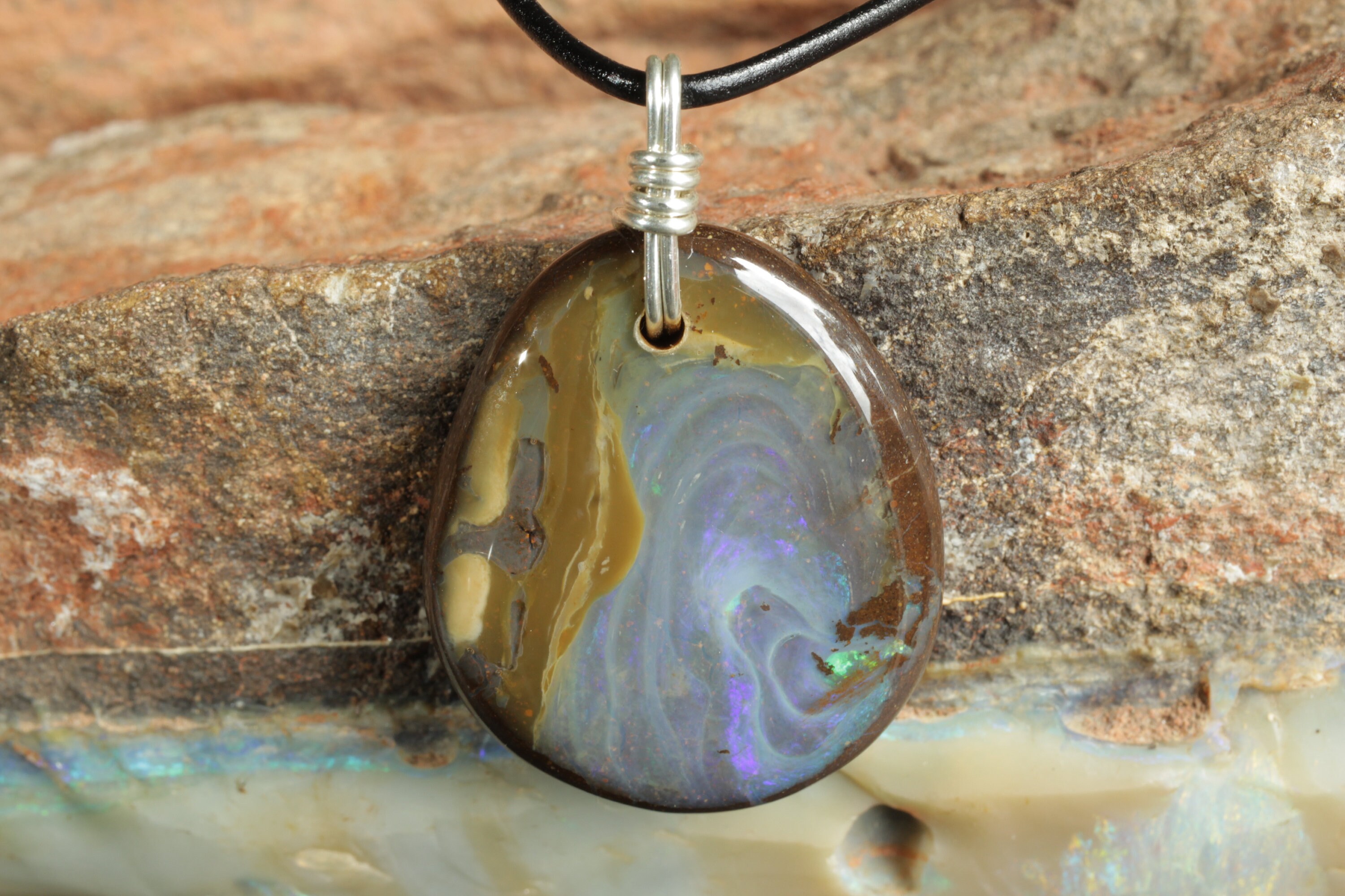 Collier Argent Sterling Avec Grande Opale Boulder D'Australie - Pendentif Unique