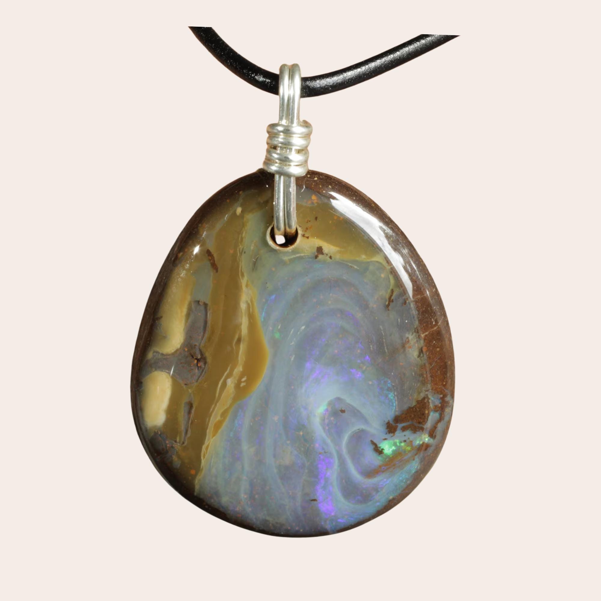 Australian Boulder Opal Necklace for Men | October  Artisan Boulder Opal and Copper Pendant Necklace with Sterling Silver, Handmade, main image 1