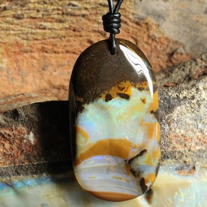 Large Boulder Opal Necklace: Scenic Australian Genuine Stone Leather Pendant Unisex Jewelry Gift