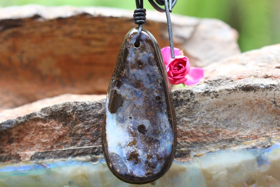 Collier Sautoir En Argent 925 Avec Opale Boulder D'Australie | Pendentif Unique | Neuf Avec étiquette