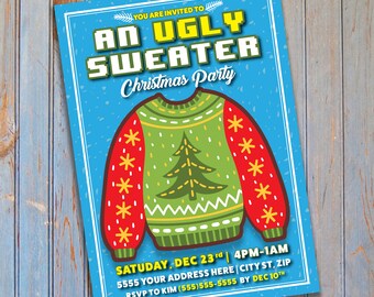 Op de afbeelding: Een uitnodiging voor een Kerstmis Ugly Sweater-feest. De uitnodiging bevat een cartoonillustratie van een groene en rode kersttrui met een kerstboomontwerp. De tekst op de uitnodiging luidt "U bent uitgenodigd voor een Kerstmis Ugly Sweater-feest" en bevat de datum, tijd en locatie van het feest.