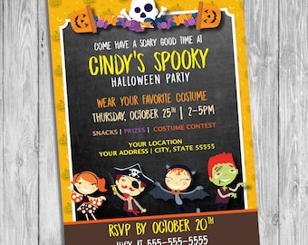 May include: A yellow and brown Halloween party invitation with a chalkboard background. The invitation features a skull and crossbones, candy, and pumpkins. The text on the invitation reads "Come have a scary good time at Cindy's Spooky Halloween Party".