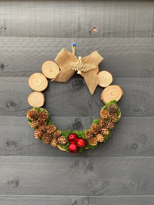 Couronne De Noël Bienvenue En Bois - Décoration Porte Artisanale Française - Couronne Murale Bois Naturel Écologique Pour Fêtes