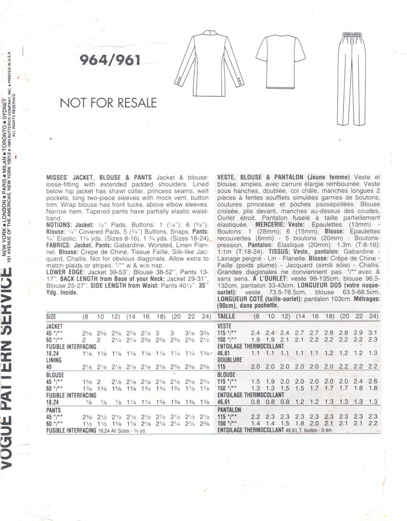 Blouse /& Pants Uncut 107-117cm Sizes 20-24 Vogue 964961 vintage sewing pattern Bust 42-46 | 1990s Misses/' Jacket
