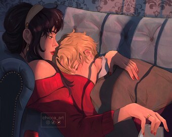 May include: A couple cuddles on a blue couch, the woman in a red sweater and the man with his head resting on her shoulder. A glass of red wine sits on the couch next to them.