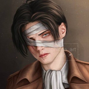 May include: A portrait of a young man with dark hair and blue eyes. He is wearing a brown jacket and a white scarf. His right eye is covered with a white bandage. The man has a serious expression on his face.