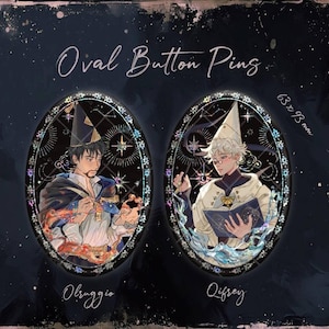 May include: Oval button pins featuring illustrations of two characters in wizard attire. The pins are oval-shaped with a shimmering border and the text "Oval Button Pins". The dimensions are 63 x 93 mm.