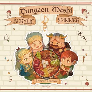 May include: A colorful acrylic charm featuring four cartoon characters enjoying a hot pot meal. The charm is 8 inches in diameter and has the text "Dungeon Meshi" and "Dinner in Dungeon" on it.
