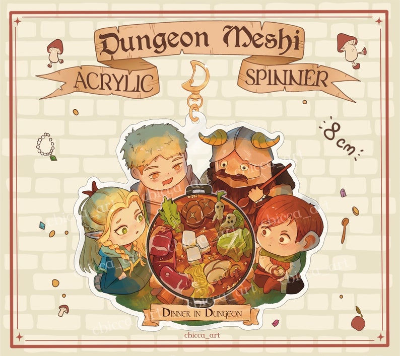 May include: A colorful acrylic charm featuring four cartoon characters enjoying a hot pot meal. The charm is 8 inches in diameter and has the text "Dungeon Meshi" and "Dinner in Dungeon" on it.