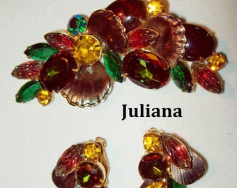 Juliana Brooch and Earrings Givre Rhinestones, Carved Glass Leaves, Fall Colors