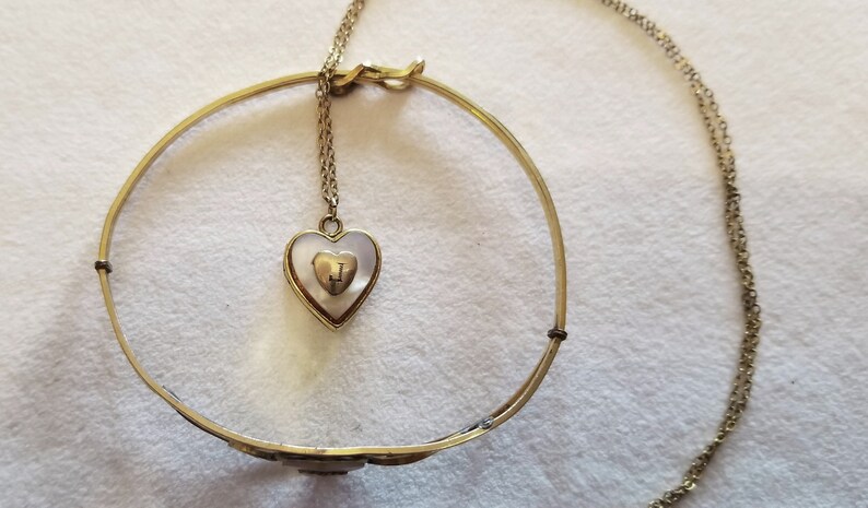 Child/'s Locket and Bracelet Kiddie Kraft Gold Filled Mother of Pearl Hearts with J Monogram
