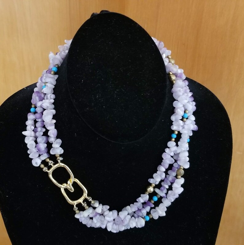Vintage Matte Amethyst and White Quartz Dog Tooth Necklace1970s3-StrandTurquoise and Gold Ball Spacers