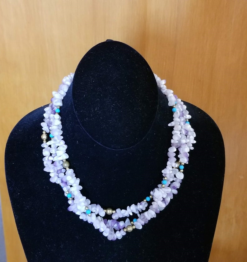 Vintage Matte Amethyst and White Quartz Dog Tooth Necklace1970s3-StrandTurquoise and Gold Ball Spacers