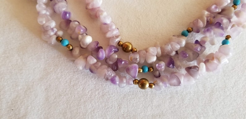 Vintage Matte Amethyst and White Quartz Dog Tooth Necklace1970s3-StrandTurquoise and Gold Ball Spacers