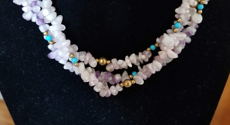 Vintage Matte Amethyst and White Quartz Dog Tooth Necklace1970s3-StrandTurquoise and Gold Ball Spacers