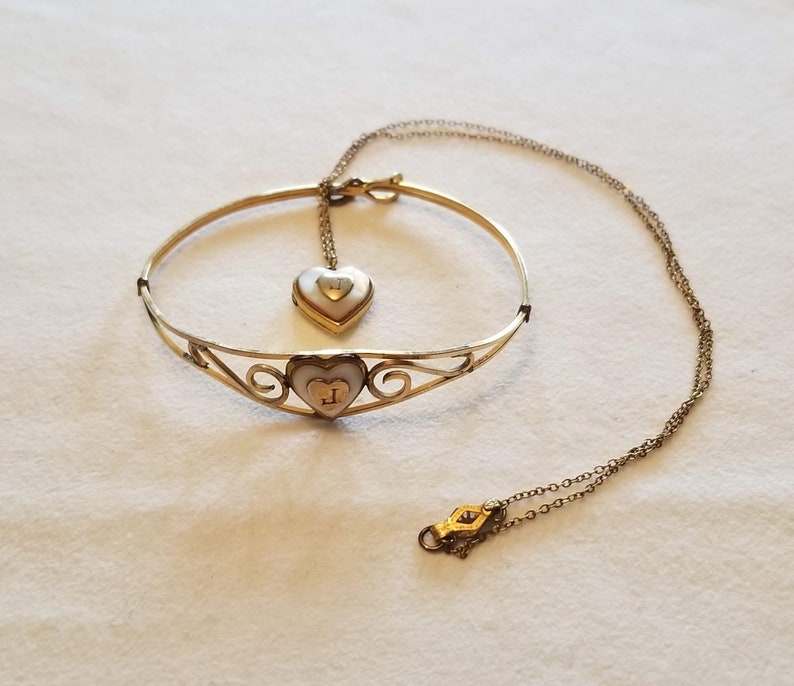 Child/'s Locket and Bracelet Kiddie Kraft Gold Filled Mother of Pearl Hearts with J Monogram