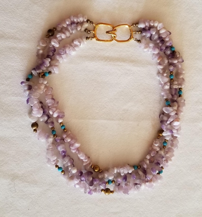 Vintage Matte Amethyst and White Quartz Dog Tooth Necklace1970s3-StrandTurquoise and Gold Ball Spacers