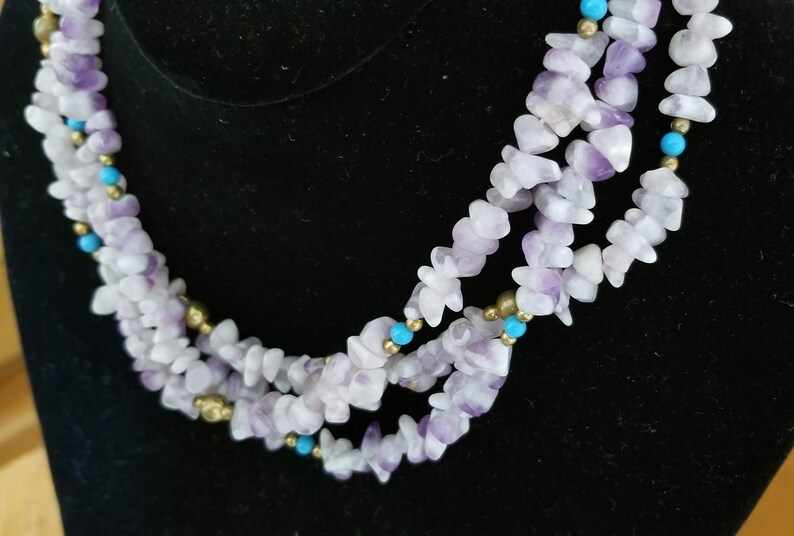 Vintage Matte Amethyst and White Quartz Dog Tooth Necklace1970s3-StrandTurquoise and Gold Ball Spacers