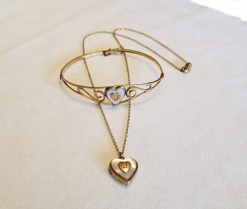 Child/'s Locket and Bracelet Kiddie Kraft Gold Filled Mother of Pearl Hearts with J Monogram
