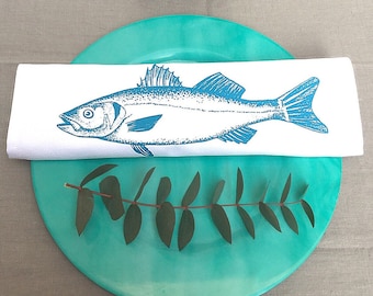 Tea towel with fish, pure linen, drying towel, kitchen decoration, kitchen towel, high quality, screen print, fish illustration