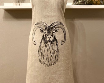 Apron,  pure linen with a beautiful illustration of an ibex